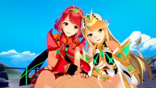 Pyra and Mythra fuck each other in a hot threesome scene inspired by Xenoblade
