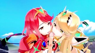 Pyra and Mythra fuck each other in a hot threesome scene inspired by Xenoblade