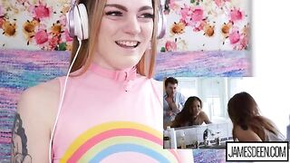 Carly Rae Summers reacts to a rough and passionate scene with James Deen and Sara Luvv
