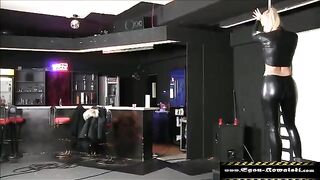 A blonde in latex gets fucked by two guys without condoms