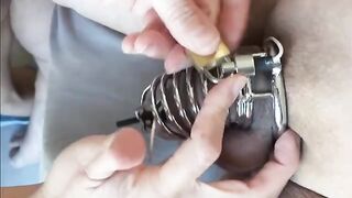 Femdom milking with chastity and e-stim for a huge load from the prostate