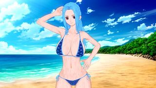 A busty woman, inspired by the vibrant world of One Piece, enjoys intimate moments on the beach