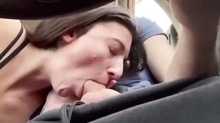 A couple gets really horny during a road trip and start having fun on the seat