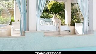 Lola Fae practices yoga by the pool in her bikini, showcasing petite 4'11" frame