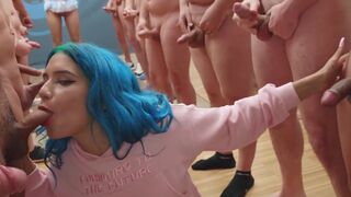 Min Galilea swallows a huge amount of cum in an intense bukkake scene