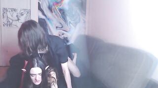 A sexy brunette babe gets passionately taken by her guy on the couch