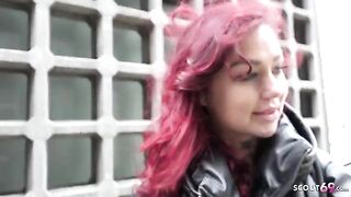 Redhead college girl Ria Red gets picked up and fucked on camera by German Scout