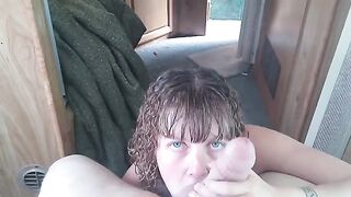Lavender Joy, a slut who worships cock, swallows cum and deepthroats in POV