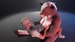 Furry cow helps the ranger by breastfeeding him, much like a playful Pokémon twist