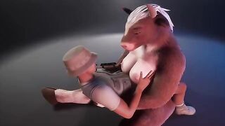 Furry cow helps the ranger by breastfeeding him, much like a playful Pokémon twist