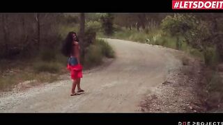 Brunette babe Alexa Tomas wets her dress and sucks cock in public