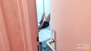 I spy on my stepsister while she rubs her pussy and I offer her my dick