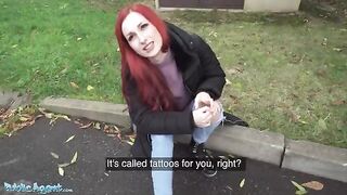 Public Agent: Redhead Brit shows off pierced tits for cash