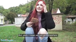 Public Agent: Redhead Brit shows off pierced tits for cash