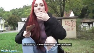 Public Agent: Redhead Brit shows off pierced tits for cash