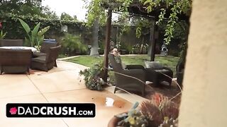 Fit brunette lets pervert stepdad move her panties and finger fuck her outdoors