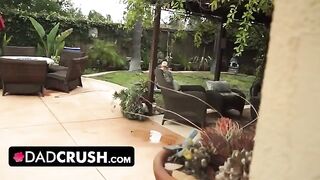 Fit brunette lets pervert stepdad move her panties and finger fuck her outdoors