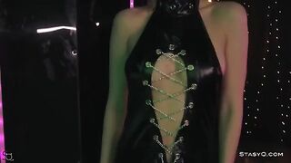 Skinny teen AngelQ stripping on the stage with passion