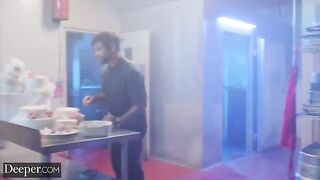 The baker competed with a man, showcasing her deep-throat skills