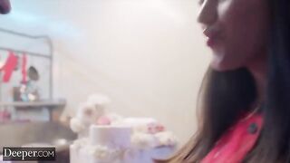 The baker competed with a man, showcasing her deep-throat skills