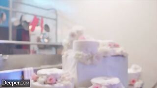 The baker competed with a man, showcasing her deep-throat skills