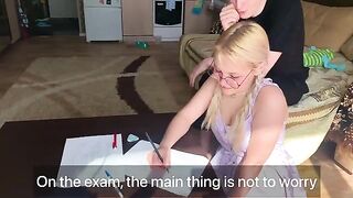 A shy student could not resist her tutor and took him in her mouth