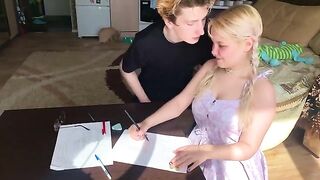 A shy student could not resist her tutor and took him in her mouth