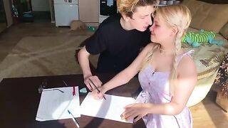A shy student could not resist her tutor and took him in her mouth