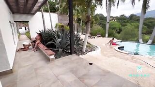 Girl fucked by her stepbrother and his girlfriend in the swimming pool