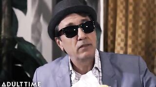 The hot tattooed woman thanks her dirty grandfather with sex in public