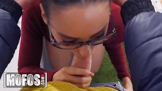 The cute girl lets the guy study her body for money