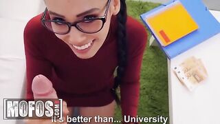 The cute girl lets the guy study her body for money