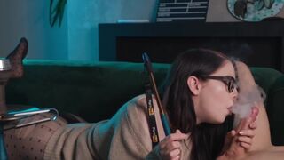 Nerdy girl in glasses gets her big ass eaten and smokes a cock