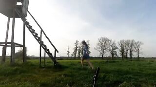 Babe fucked a dog in the hunting pulpit outdoors