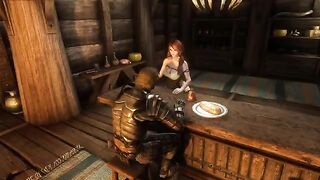 Ysolda's encounter with a traveler in her tavern, a Skyrim scene