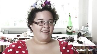 An amateur girl with big natural tits masturbates her shaved pussy