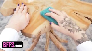 Four sexy sugar babes in maid uniforms share a big dick, intense action follows