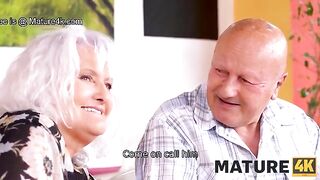 A mature woman seduces a guy and has sex right in front of her husband
