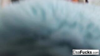 Playful petite blonde Elsa Jean rubs her kitty