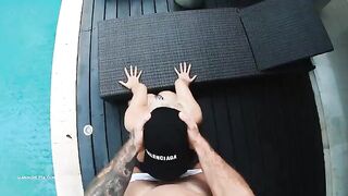 Bikini-clad beauty gets her tight asshole creampied in a rough session