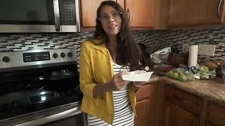 My stepmom, a Puerto Rican MILF, squirts me cum in the kitchen