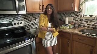 My stepmom, a Puerto Rican MILF, squirts me cum in the kitchen