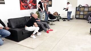 Monika Fox, a Russian star, gets fucked hard backstage by 7 cocks in intense DAP and anal action