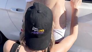 A wife gets fucked by two guys and receives a creampie on the Nevada desert road
