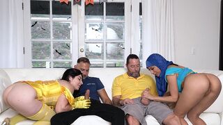 Two hot stepdaughters in costumes getting fucked by their stepdads hard