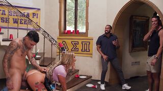 Busty MILF housekeeper gets fucked hard by college frat boys
