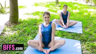 Gymnast is getting stretched by her coach in hardcore action