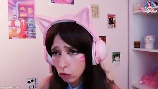 Gamer girl in cosplay of Dva from Overwatch rides a big dildo and sucks cock