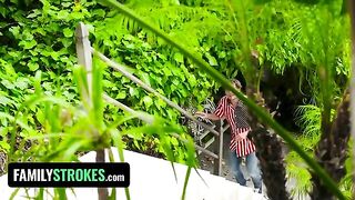 Two naughty teens caught painting their tits on 4th July