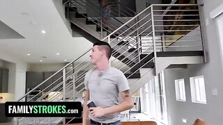 Cute girl Sarah Bella with huge natural boobs gets fucked by stepbrothers